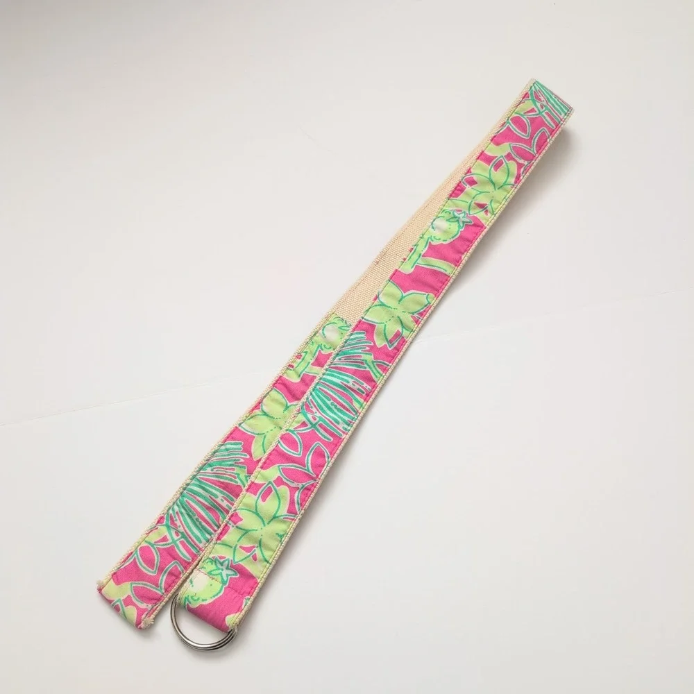 Lilly Pulitzer Canvas Belt Tropical Floral Pink Green D Ring Sz M Preppy Coastal